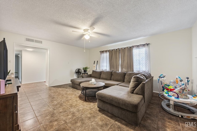 3700 Wenatchee Ave, Bakersfield, CA 93306 - tiled living area featuring a textured ceiling, visible vents, and ceiling fan