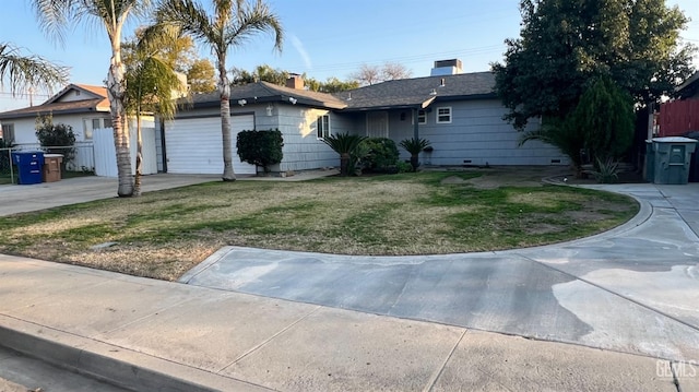 ranch-style house with a garage, concrete driveway, crawl space, fence, and a front lawn