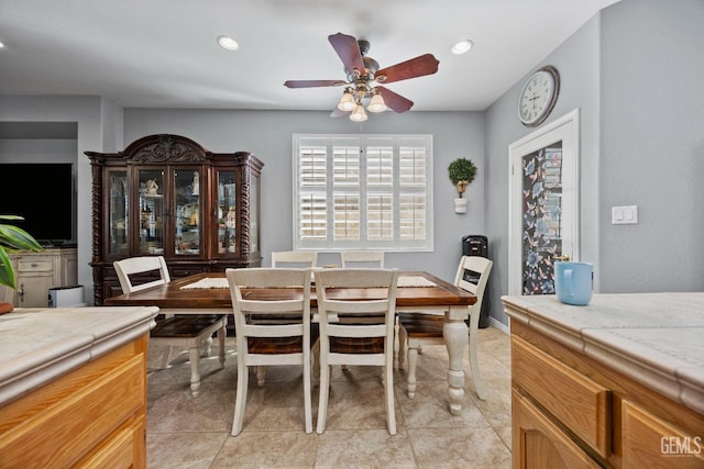 8628 Sandpines Dr, Bakersfield, CA 93312 - dining area featuring ceiling fan, light tile patterned flooring, and recessed lighting