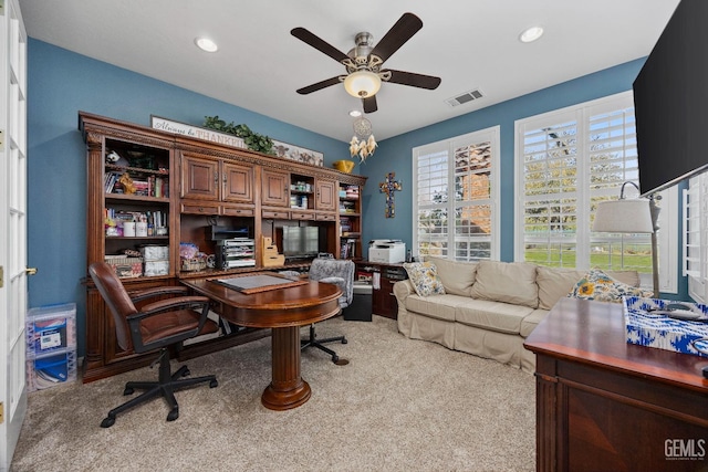 8628 Sandpines Dr, Bakersfield, CA 93312 - carpeted office with a ceiling fan and recessed lighting