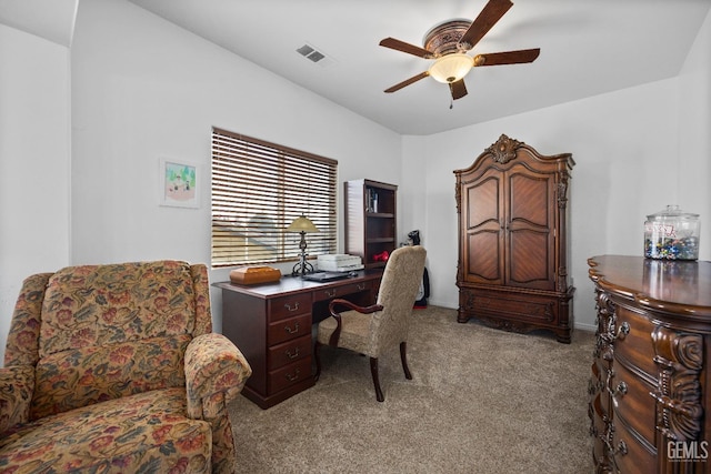 8628 Sandpines Dr, Bakersfield, CA 93312 - home office with a ceiling fan, light carpet, and baseboards