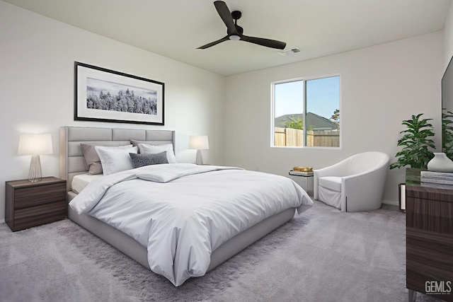 bedroom featuring carpet, baseboards, and ceiling fan
