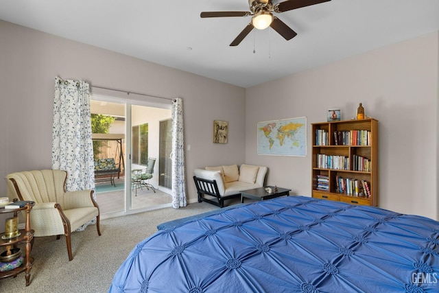 bedroom with carpet, ceiling fan, and access to exterior
