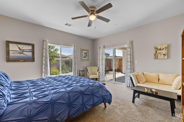 bedroom featuring ceiling fan, carpet floors, access to exterior, and visible vents