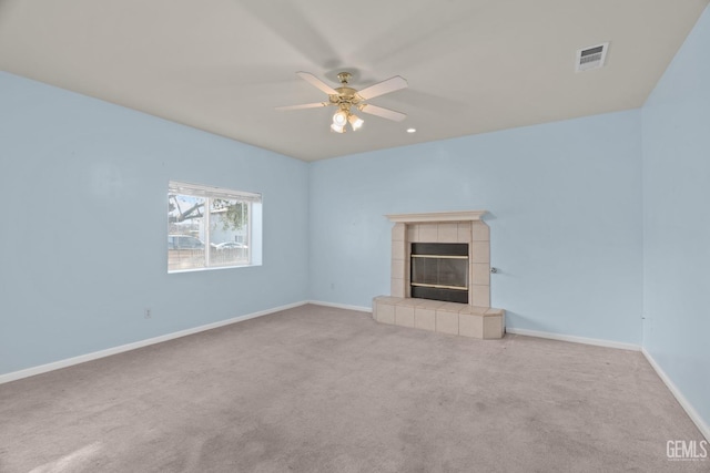 408 Brite Meadow Ct, Bakersfield, CA 93308 - unfurnished living room featuring ceiling fan, a tile fireplace, carpet flooring, baseboards, and recessed lighting