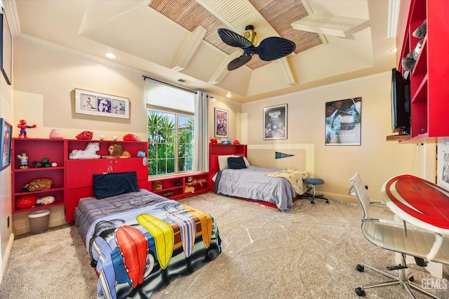 4905 Islands Dr, Bakersfield, CA 93312 - bedroom featuring carpet floors, crown molding, baseboards, recessed lighting, and a ceiling fan