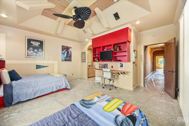 4905 Islands Dr, Bakersfield, CA 93312 - bedroom featuring arched walkways, crown molding, carpet floors, recessed lighting, and baseboards