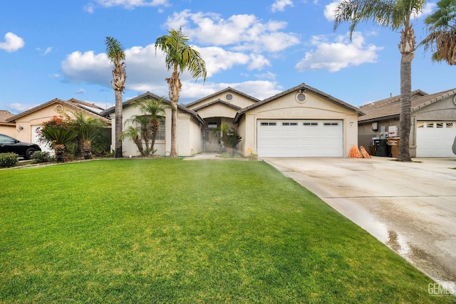 view of front facade featuring stucco siding, a front lawn, concrete driveway, and an attached garage