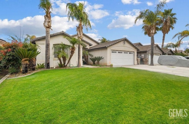 view of front of home with concrete driveway, a front lawn, a garage, and stucco siding