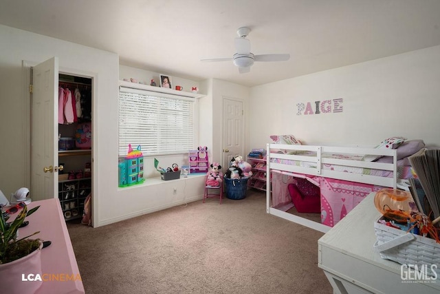 carpeted bedroom featuring ceiling fan