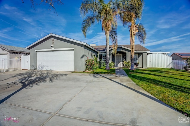 single story home with a garage and a front lawn