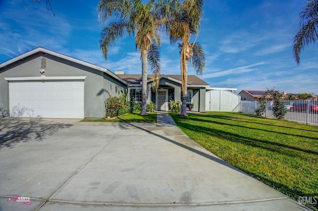 single story home with a garage and a front lawn