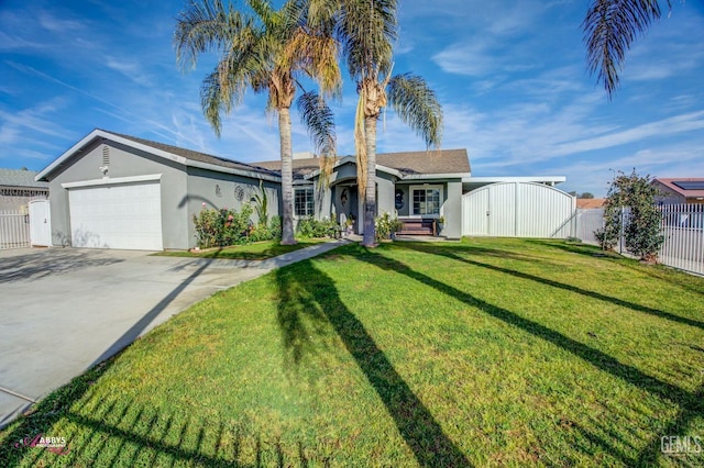 ranch-style house featuring a garage and a front lawn