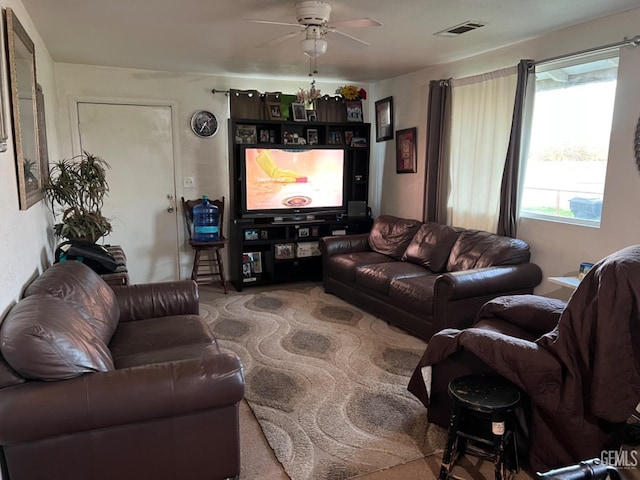 living room with ceiling fan