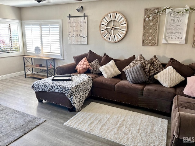 living area featuring baseboards and wood finished floors