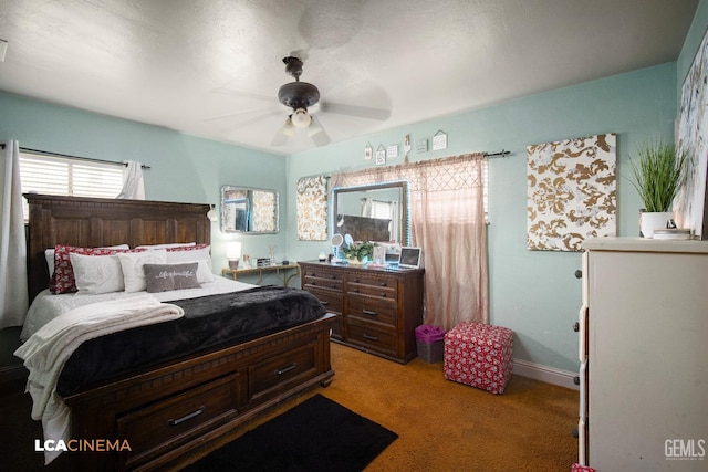 bedroom with light colored carpet and ceiling fan