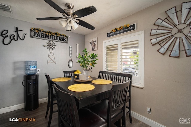 dining area featuring ceiling fan, wood finished floors, visible vents, and baseboards