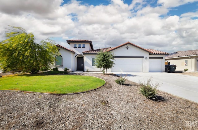 4414 Coal Rock Ct, Bakersfield, CA 93313 - mediterranean / spanish-style home with concrete driveway, stucco siding, an attached garage, and a tiled roof
