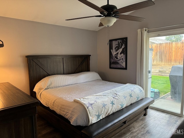 bedroom featuring access to outside, ceiling fan, and hardwood / wood-style floors