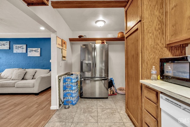 1504 Stockton Ave, Bakersfield, CA 93308 - kitchen featuring stainless steel refrigerator with ice dispenser, dishwasher, brown cabinets, and recessed lighting