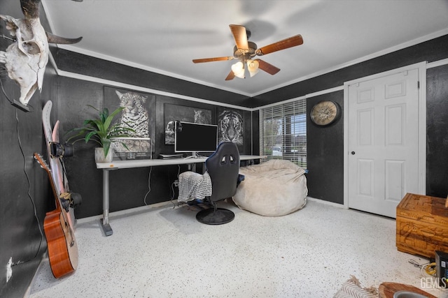 office with baseboards and a ceiling fan