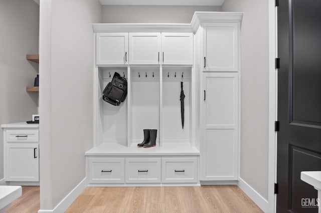 mudroom with light hardwood / wood-style flooring