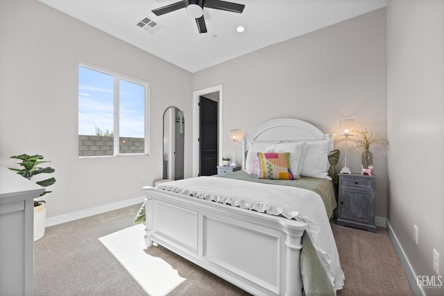 bedroom featuring ceiling fan and carpet floors