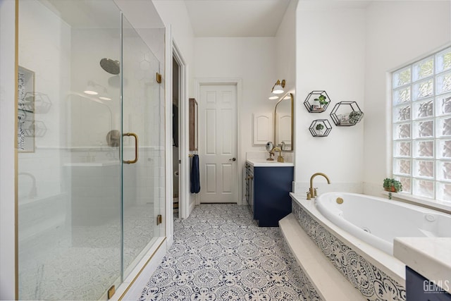 1001 Paxton Way, Bakersfield, CA 93312 - bathroom with healthy amount of natural light, a shower stall, a bath, and vanity