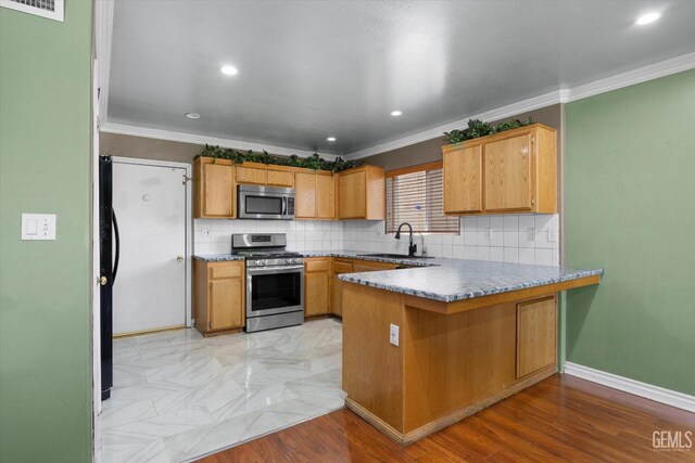 4312 Rio Viejo Dr, Bakersfield, CA 93313 - kitchen featuring ornamental molding, a peninsula, appliances with stainless steel finishes, and a sink