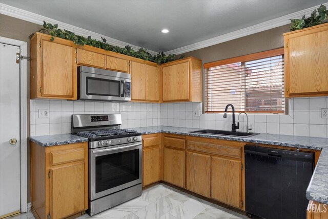 4312 Rio Viejo Dr, Bakersfield, CA 93313 - kitchen featuring stainless steel appliances, a sink, backsplash, marble finish floor, and crown molding