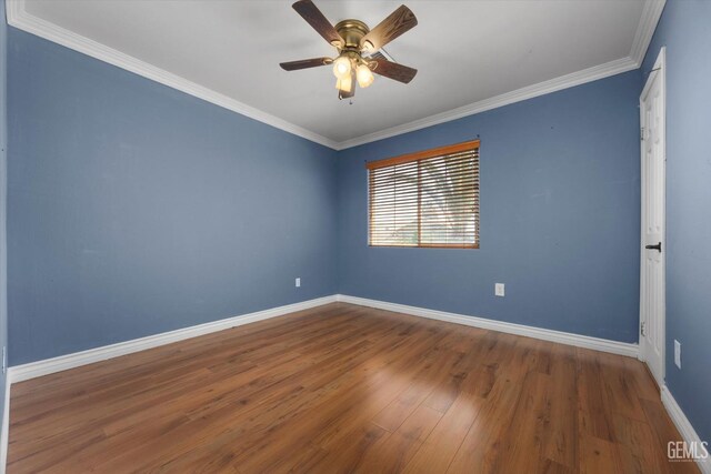 4312 Rio Viejo Dr, Bakersfield, CA 93313 - empty room featuring crown molding, baseboards, a ceiling fan, and wood finished floors