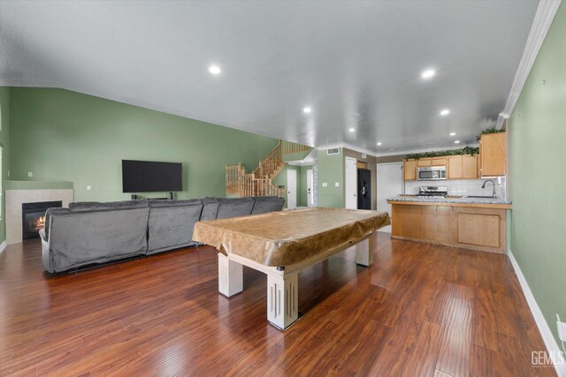 4312 Rio Viejo Dr, Bakersfield, CA 93313 - recreation room with baseboards, dark wood-style floors, a fireplace, and billiards