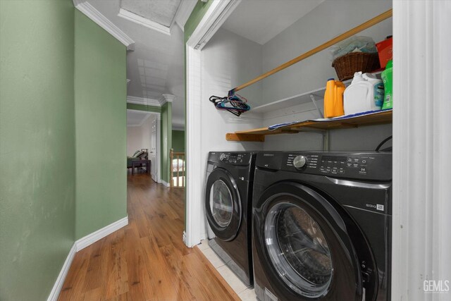4312 Rio Viejo Dr, Bakersfield, CA 93313 - washroom featuring attic access, baseboards, wood finished floors, independent washer and dryer, and ornamental molding