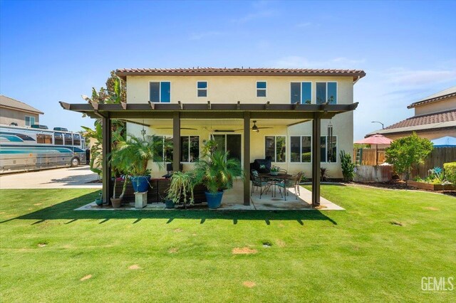 16018 La Strada Ct, Bakersfield, CA 93314 - rear view of property with ceiling fan, stucco siding, and a patio area