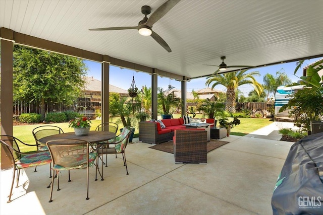 16018 La Strada Ct, Bakersfield, CA 93314 - fenced backyard with an outdoor living space, a ceiling fan, a patio area, and outdoor dining space