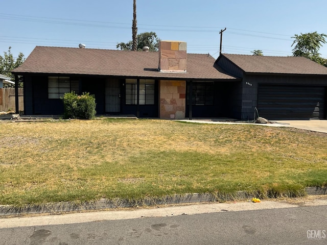 3914 Apache Ave, Bakersfield, CA 93309 - ranch-style home featuring an attached garage, a front yard, concrete driveway, a shingled roof, and a chimney