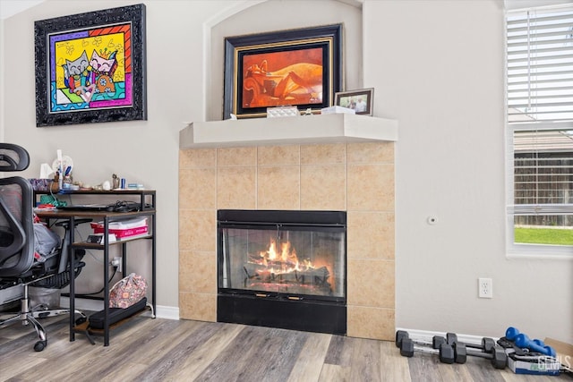 interior details with baseboards, wood finished floors, and a tile fireplace