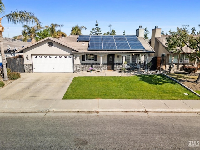 single story home with stucco siding, concrete driveway, an attached garage, fence, and a front lawn