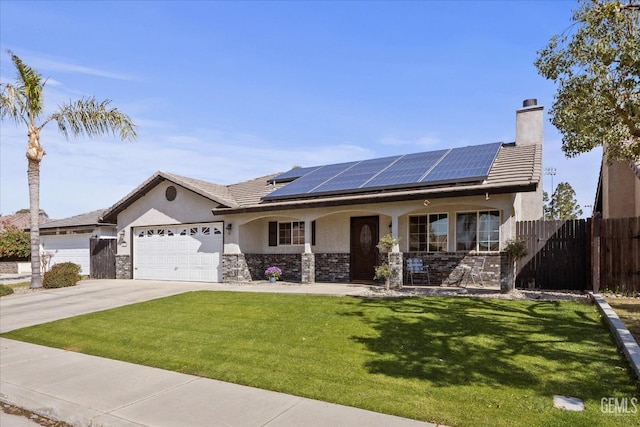 single story home with concrete driveway, an attached garage, fence, a porch, and stucco siding