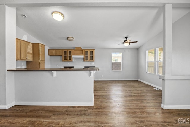 kitchen featuring vaulted ceiling, dark hardwood / wood-style floors, a kitchen bar, ceiling fan, and kitchen peninsula