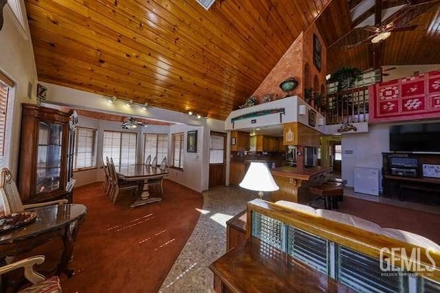 living room featuring high vaulted ceiling and ceiling fan