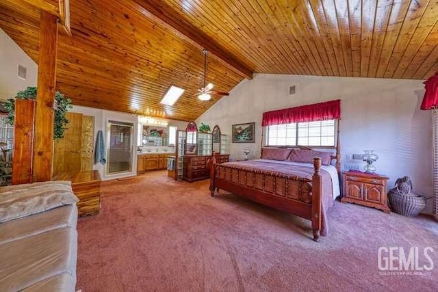 carpeted bedroom featuring beamed ceiling, wood ceiling, and high vaulted ceiling