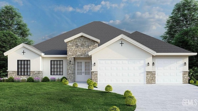 view of front of home with concrete driveway, a garage, and stone siding