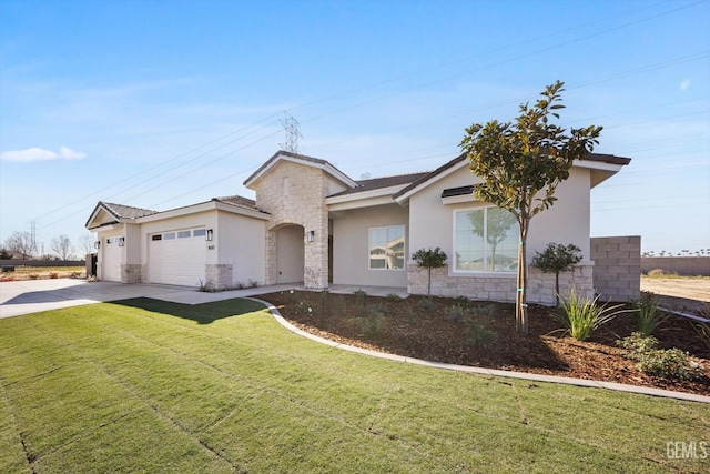 single story home featuring a front yard, stucco siding, concrete driveway, a garage, and stone siding