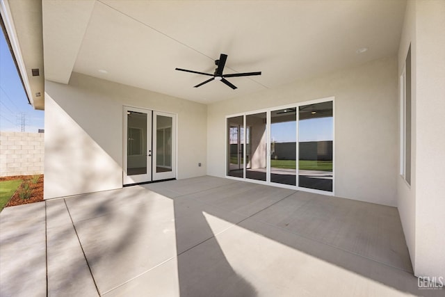 view of patio / terrace with french doors and ceiling fan