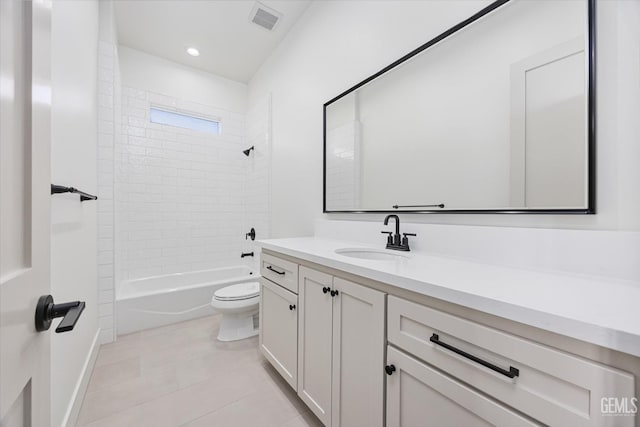 bathroom featuring tile patterned floors, visible vents, toilet, shower / bath combination, and vanity