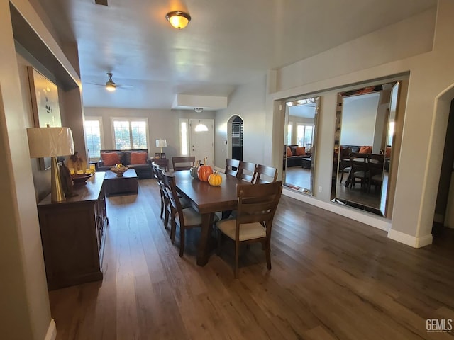 dining room featuring ceiling fan and dark hardwood / wood-style flooring