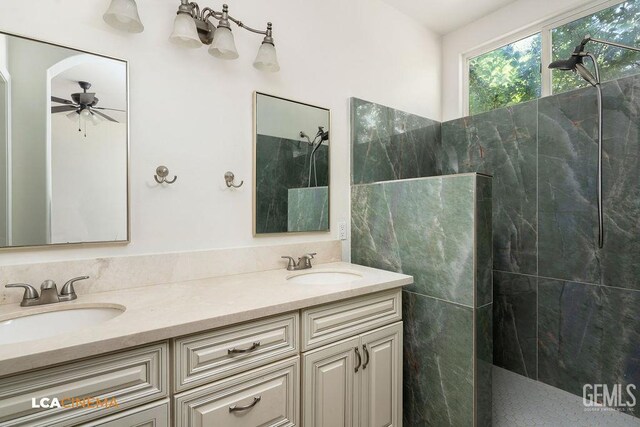 9827 Metherly Hill Rd, Bakersfield, CA 93312 - full bath featuring double vanity, a marble finish shower, and ceiling fan