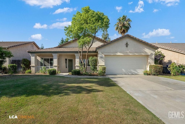 9827 Metherly Hill Rd, Bakersfield, CA 93312 - view of front of house with an attached garage, driveway, a front lawn, stucco siding, and a tile roof