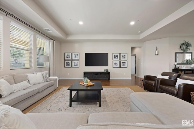 living room featuring hardwood / wood-style flooring and a raised ceiling